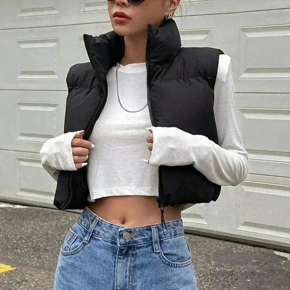 Black Casual Women's Zip Up Crop Vest Puffer Thick Coat - Picture 4 of 9